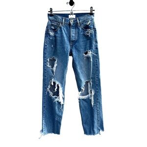 BOYISH Tommy Mid Rise Straight Leg Jeans -‎ 25 - blue - ripped - button fly